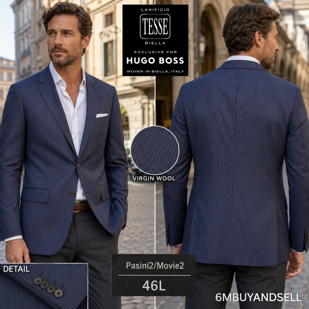 Hugo Boss Pasini2 Movie2 Mens 46L Navy Blue Pinstripe Virgin Wool Suit Jacket
